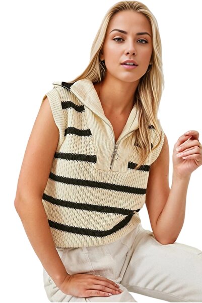 Cassime Kadın Balıkçı Yaka Fermuarlı Triko Çizgili Mensimli Süveter