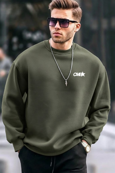 COMBİNE MİCHAİL Ανδρικό βαμβακερό φούτερ χακί με στάμπα στο στήθος