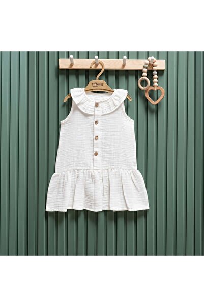 Tiffany Collar-Detail Sleeveless Muslin Baby Girl Dress Ecru