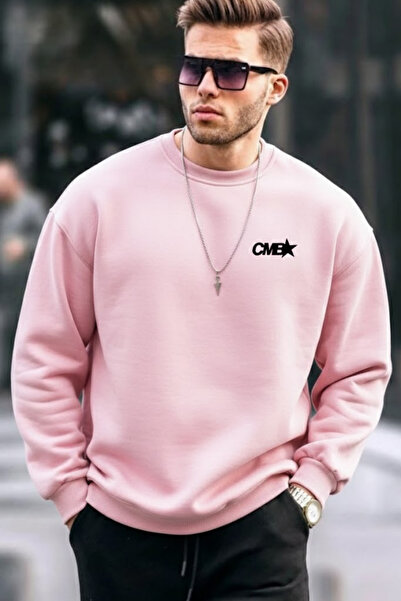 COMBİNE MİCHAİL Ανδρικό ροζ φούτερ από βαμβάκι με στάμπα στο στήθος