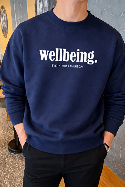 COMBİNE MİCHAİL Wellbeing Themed Printed Men's Navy Blue Sweatshirt