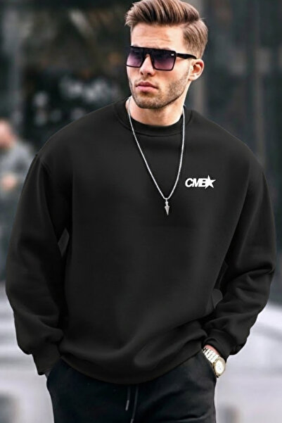 COMBİNE MİCHAİL Chest Printed Cotton Men's Black Sweatshirt