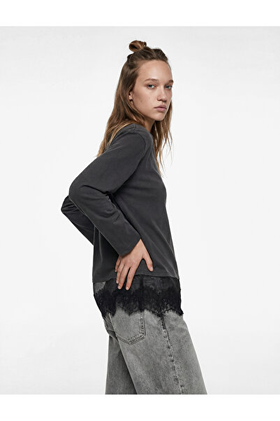 Koton Cotton Long Sleeve Crew Neck Oversized T-Shirt with Lace Detail