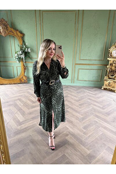 Byelifdursun Kemerli Gömlek Elbise Haki