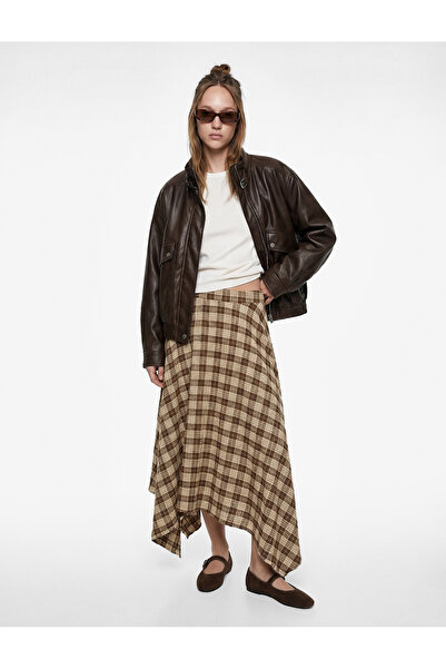 Koton Comfortable Fit Regular Waist Viscose Blended Plaid Midi Asymmetrical S...