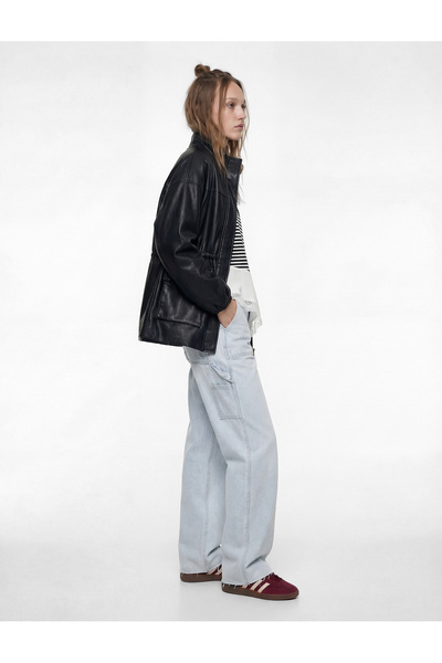 Koton High Collar Pocketed Zippered Lace-Up Faux Leather Jacket with Drawstri...