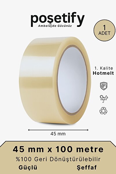 POŞETİFY 45 mm x 100 Metre Hotmelt Koli Bandı | 1. Kalite | Güçlü Şeffaf Pake...