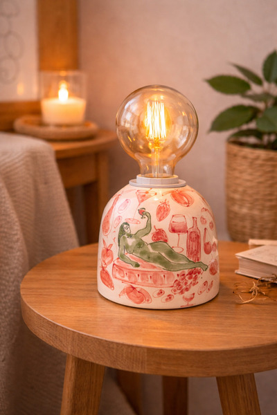 ema El Yapımı Seramik Abajur – Havva ve Kadeh Tasarımlı Sanatsal Lamba