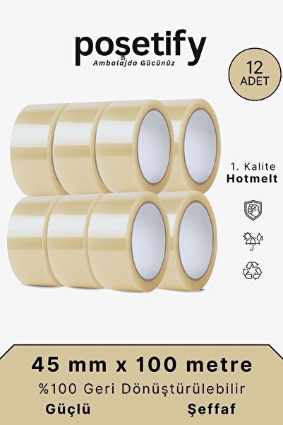 POŞETİFY 45 mm x 100 Metre Hotmelt Koli Bandı | 1. Kalite | Güçlü Şeffaf Pake...