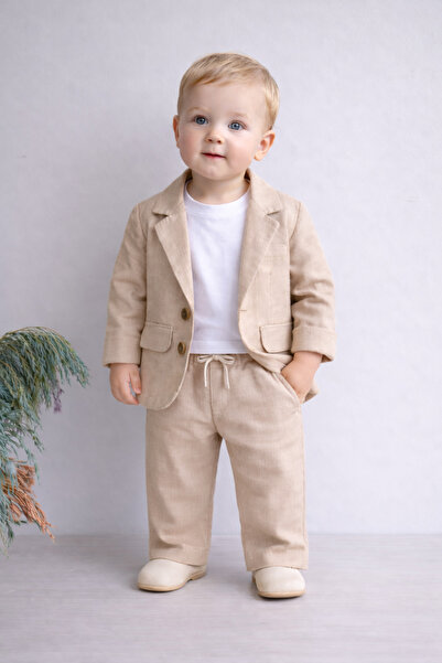 Çelix Kids Celix Pamuk Keten Ceketli Kapaklı Lüx Erkek Bebek 3 lü Takım 6-24 ay