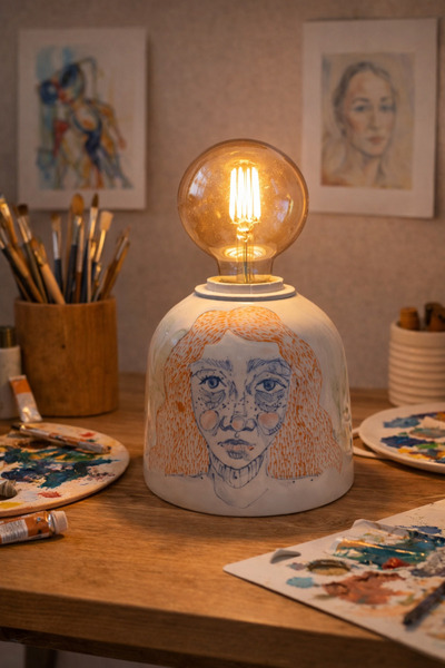 ema Turuncu Saçlı Kız Desenli El Yapımı Abajur