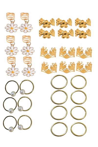 Shehlaa 32Pcs Daisy Bohemian Style Hair Rings, Hair Earrings, Gold Color, Pearl Beads, Valentine's Day