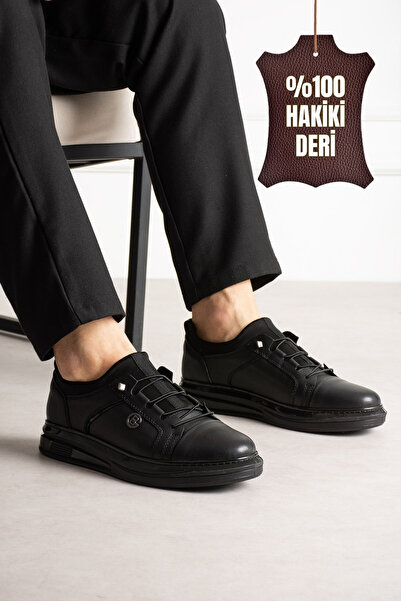 Victoris Mavron Genuine Leather Black Leather Men's Lace-Up Thick Sole Black ...