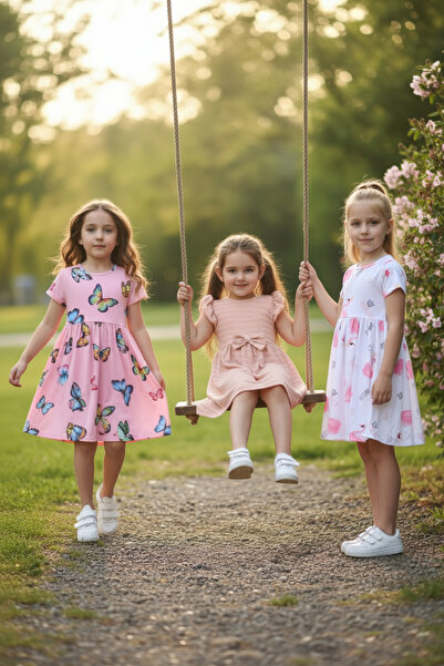 minikiss Καλοκαιρινό εμπριμέ Lycra Κοριτσίστικο φόρεμα 3 τεμαχίων