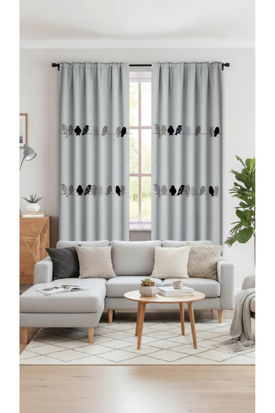 artwork MİLİMALİST KUŞ DESEN BASKILI GRİ RENK KARARTMA BLACKOUT FON PERDE ( P...