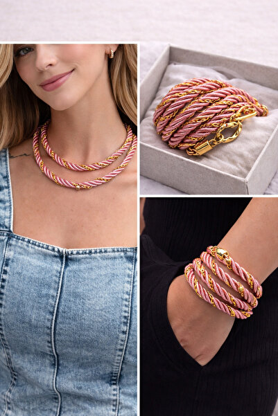 Kutcha Accessories Kadın Zincir Detaylı Pembe Wrap Kordon Ip Kolye Ya Da Bile...