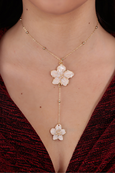 EKİDORA Women's Gold Ecru Flower Figured Y Model Necklace with Enamel