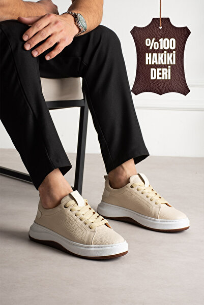 Victoris Atlas Genuine Leather Beige Men's Classic Lace-Up White Thick Sole C...