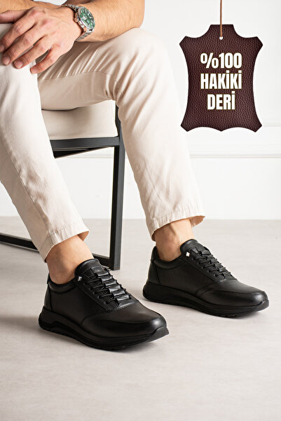Victoris Raven Genuine Leather Black Men's Casual Sneaker with Ribbed Detail ...