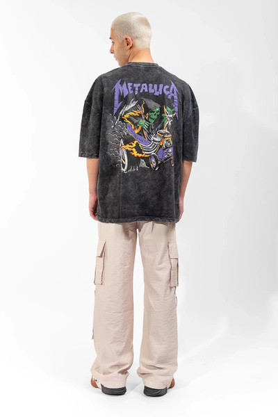 Sokak Butik Yıkamalı Metallica Mor Sırt Baskılı Siyah Unisex Oversize Tshirt