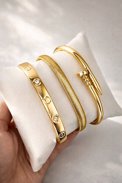 Crc Bijuteri سوار نسائي من الفولاذ المقاوم للصدأ مكون من 3 قطع باللون الذهبي