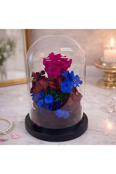 velve Trandafir Fucsia Criogenat in cupola de sticla cu hortensii si licheni,...