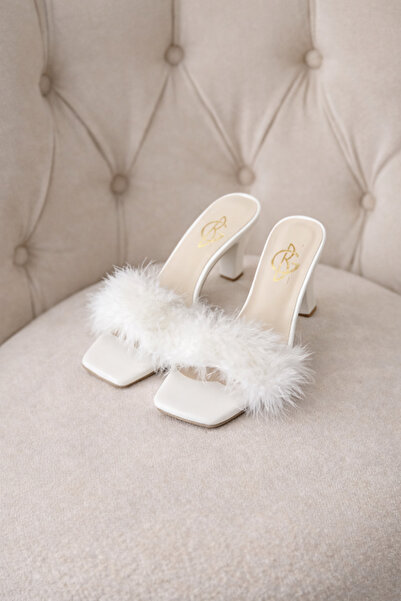 BZC AYAKKABI Tüylü mini topuklu gelin çeyiz nişan terliği