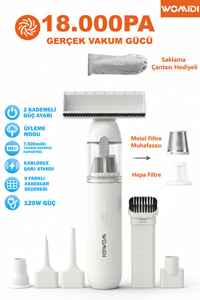 womidi Ev Araç İçi Süpürge 18.000Pa Güçlü Emiş,9 Adet Aksesuar Üfleme Fonksiy...