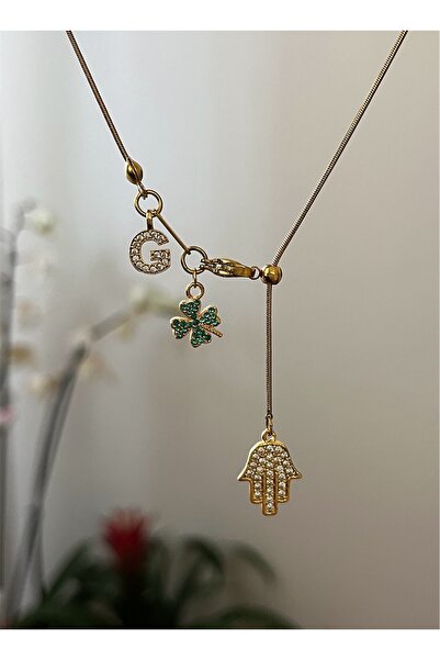 RAREE Yeşil yonca,fatma ana eli ve zirkon harfli çelik asansörlü y kolye hedi...