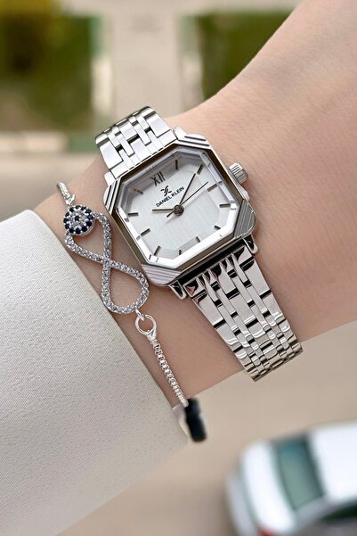 Daniel Klein Silver Color Gift Packed 23 mm Square Women Wrist Watch and Brac...