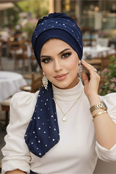 Aişe tesettür Șapcă eșarfă cu stea bleumarin-40602