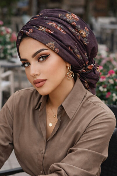 Aişe tesettür Kahve Çiçek Desen Tokalı Bone