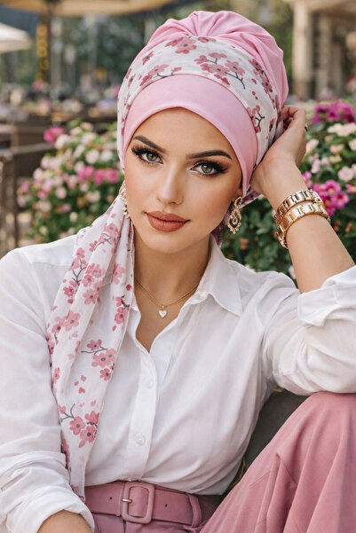 Aişe tesettür Φουλάρι με σχέδιο λουλουδιών σε σκόνη και καπέλο