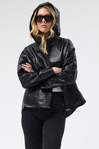MALPcollection Kadın Hakiki Deri Ceket Kapüşonlu