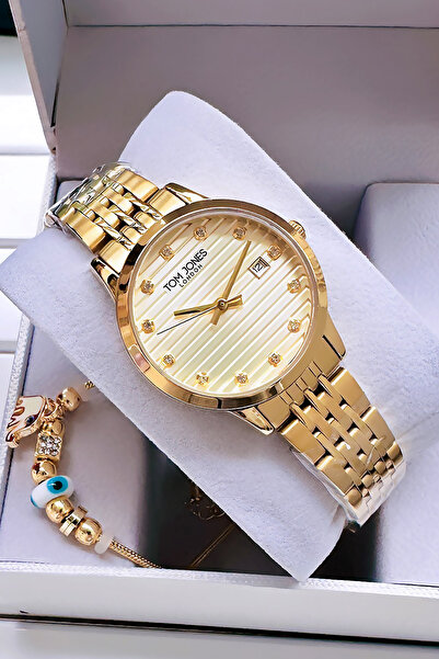 Tom Jones ساعة يد نسائية 3 ATM مقاومة للماء لون ذهبي سوار فولاذي + سوار Wlg189