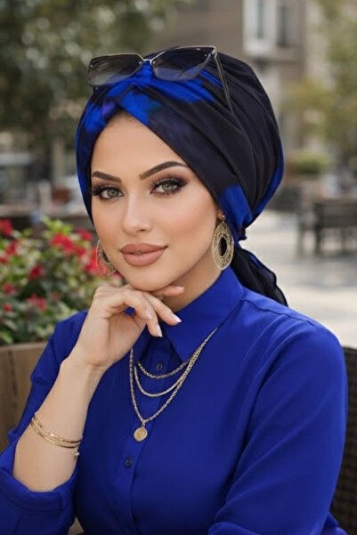 Aişe tesettür Saks Siyah Desenli Tül Tokalı Bone