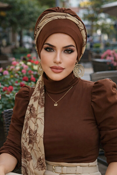 Aişe tesettür Karamel smeđi šal i kapa