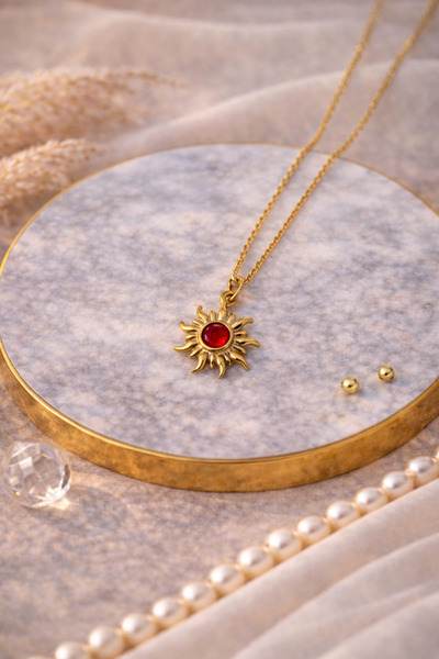 stainless steell Kırmızı Taşlı Zarif Vintage Mini Güneş Kolye (Çapı:1,3cm)