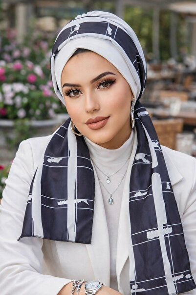 Aişe tesettür Boneta eșarfă cu model alb