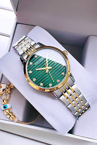 Tom Jones ساعة يد نسائية 3 Atm مقاومة للماء باللون الذهبي والفضي وسوار فولاذي...