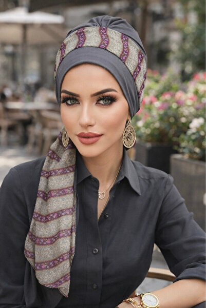 Aişe tesettür غطاء محرك السيارة مع وشاح مسحوق رمادي