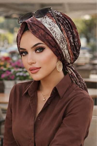 Aişe tesettür Kahve Krem Desenli Tokalı Bone