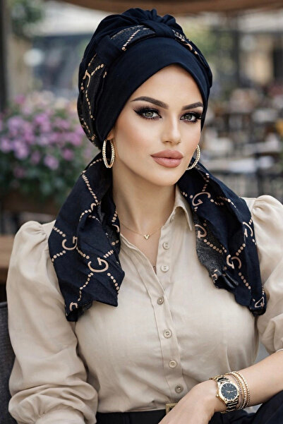 Aişe tesettür Siyah Marka Desen Fularlı Bone