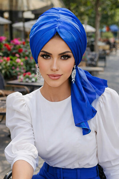 Aişe tesettür Mavi Batik Desen Tül Tokalı Bone