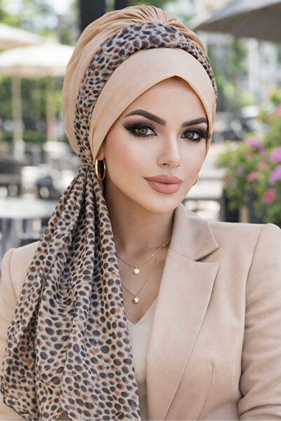 Aişe tesettür Bej Kahve Desen Fularlı Bone