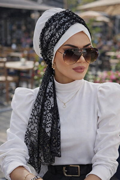Aişe tesettür Boneta eșarfă din dantelă albă neagră-40602
