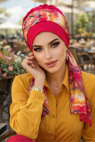 Aişe tesettür Φούξια ρετρό μοτίβο με κασκόλ