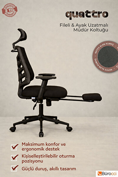 Bürocci Quattro Fileli Müdür Koltuğu Ayak Uzatmalı Çalışma Koltuğu Siyah