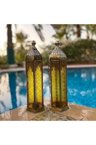 Souq DESIGNS فانوس للديكور - فانوس ذهبي سداسي الشكل |   حامل شموع زجاجي مغربي...