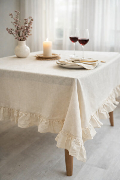 abidehanım 160x220 cm Fırfırlı Masa Örtüsü Krem Ham Keten Görünümlü Bohem Dik...